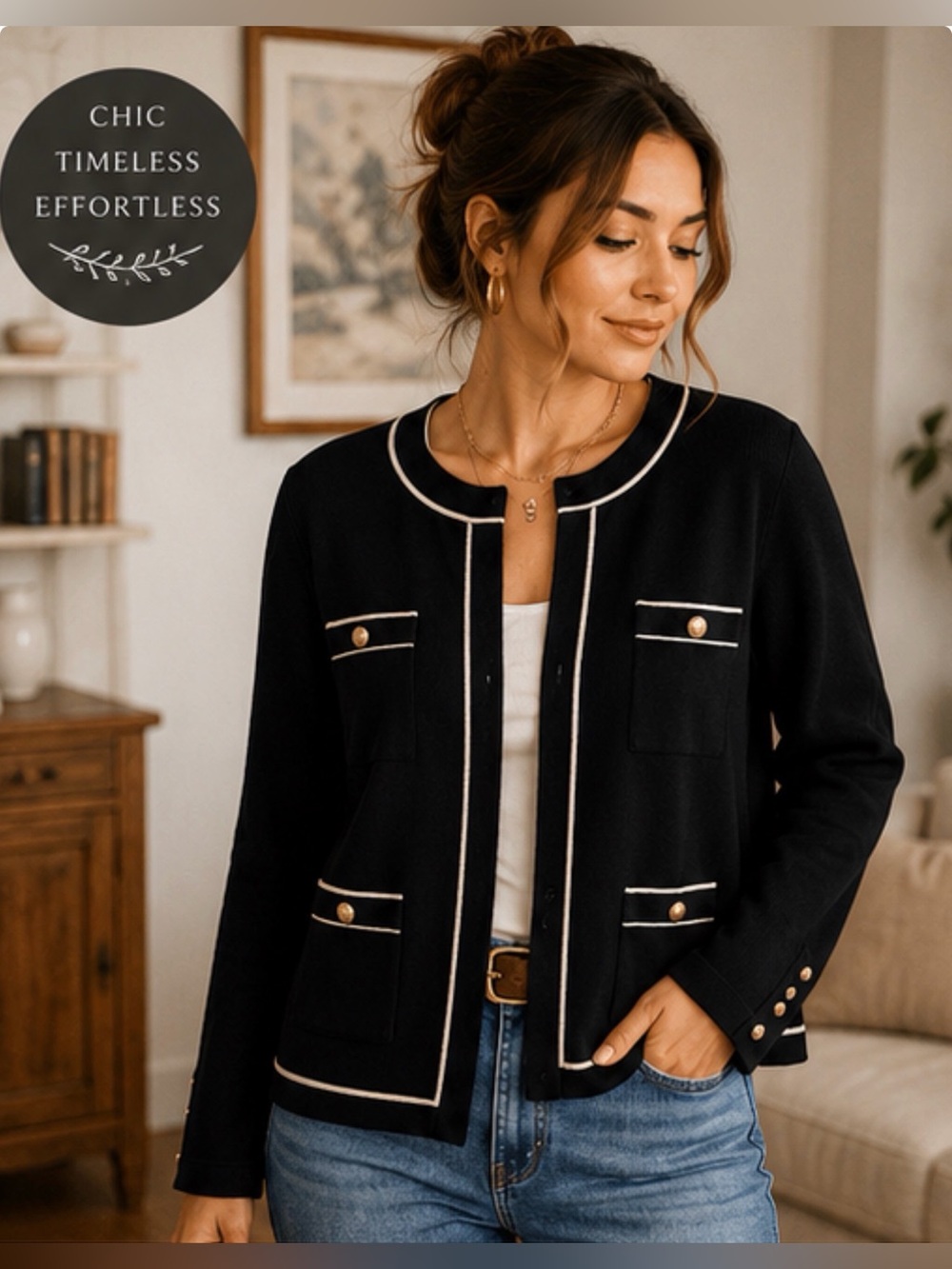 Nicole Miller XL Black Contrast Piping Gold Button Cardigan Jacket Quiet Luxury